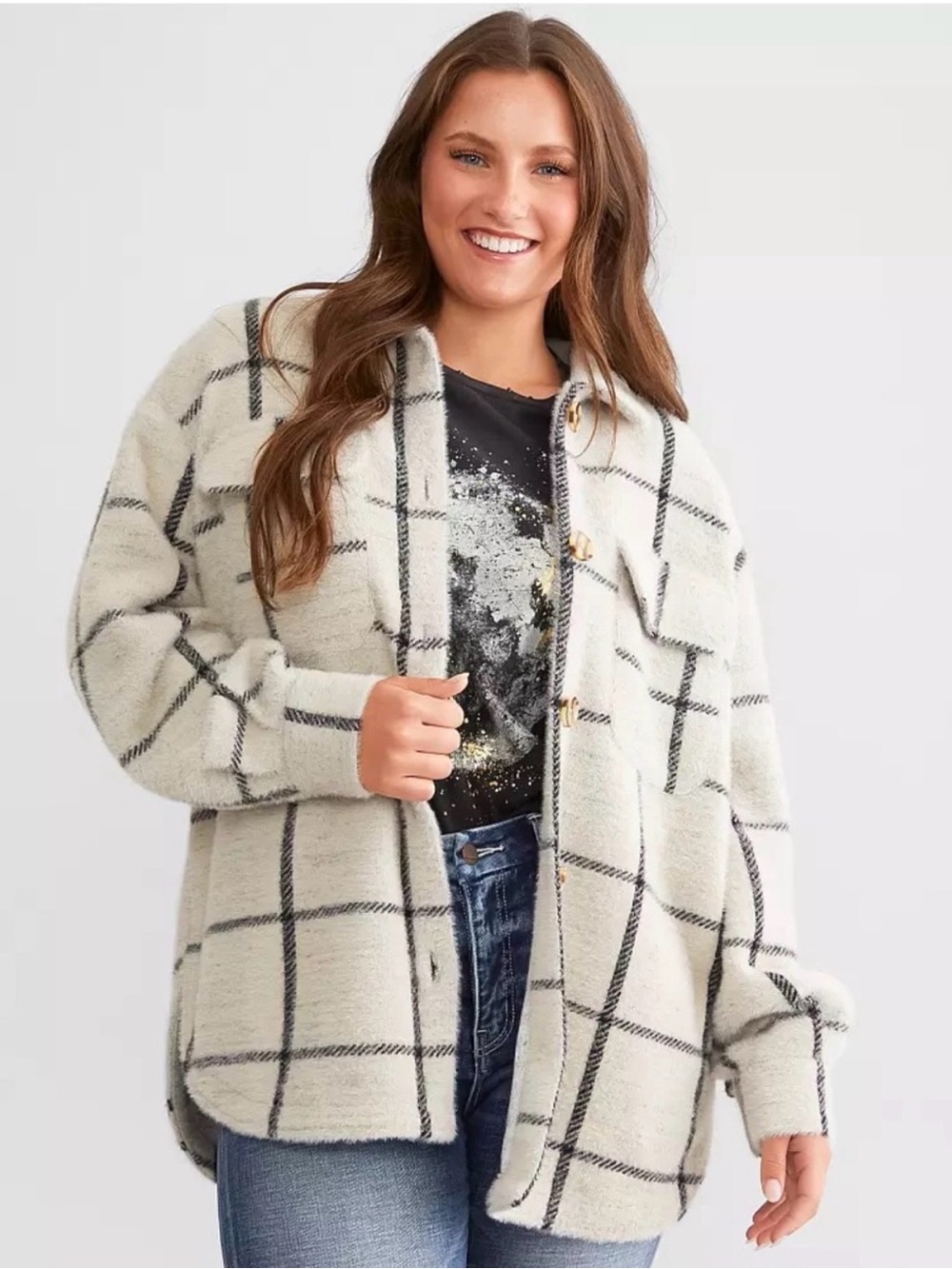 Z Supply Cream Windowpane Shacket with Black Plaid